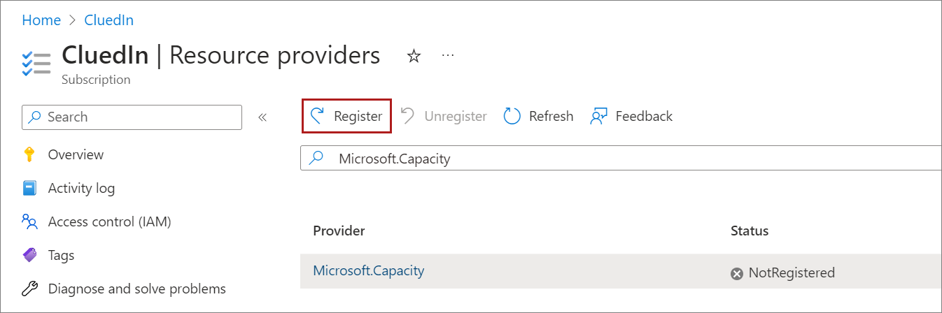 The Resource providers page of an Azure subscription, filtered to Microsoft.Capacity with status NotRegistered and the Register button highlighted
