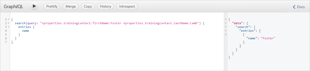 GraphiQL with a search query combining trainingcontact.firstName:Foster and trainingcontact.lastName:Lamb, returning one entry named Foster