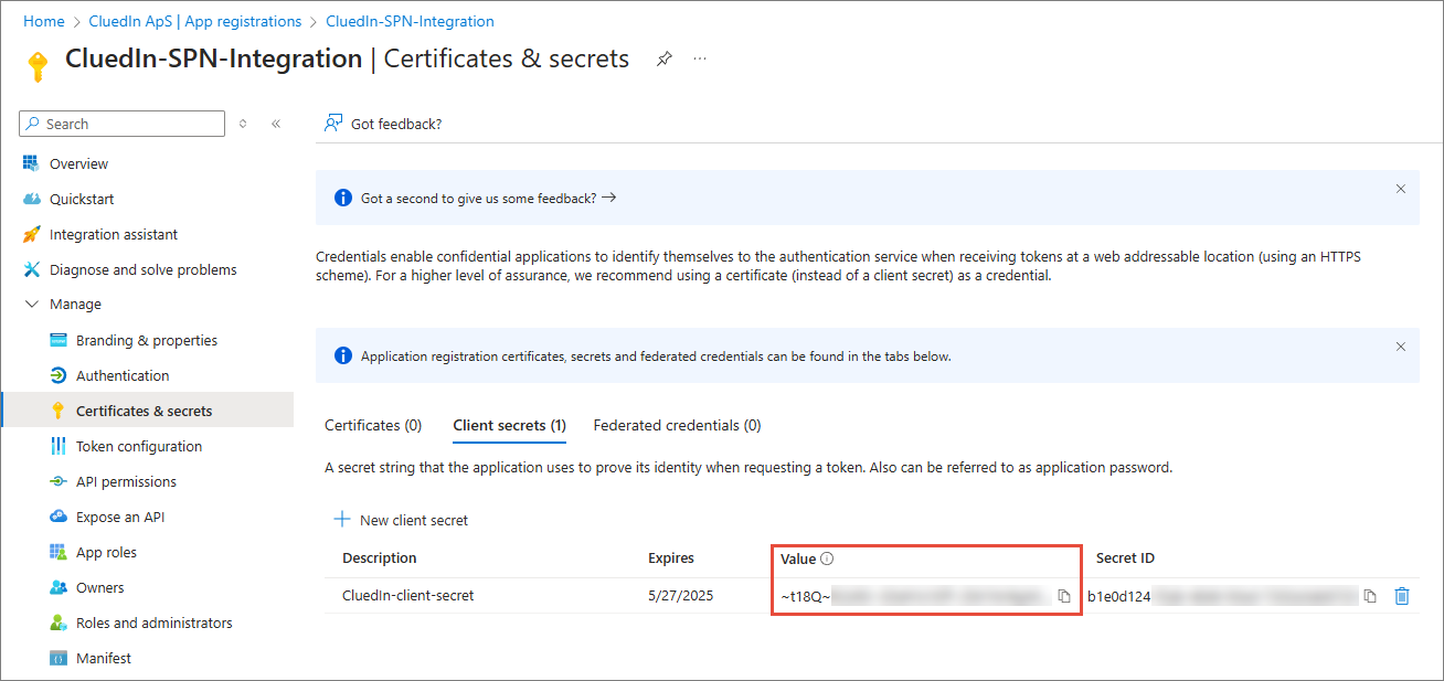 Azure app registration Certificates and secrets page, Client secrets tab, with the secret Value column highlighted