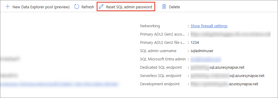 Azure Synapse workspace Overview page with the Reset SQL admin password button highlighted in the toolbar