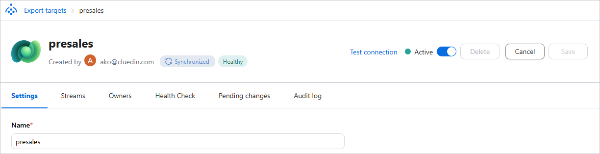 Export target details page with Test connection, the Active toggle, and the Synchronized and Healthy status labels