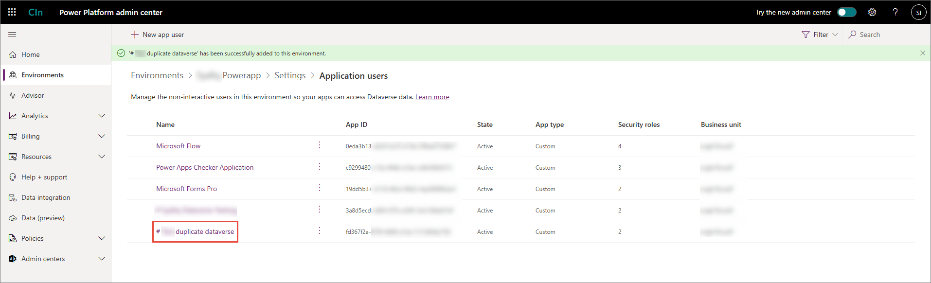 Application users list with a success message and the new app user highlighted