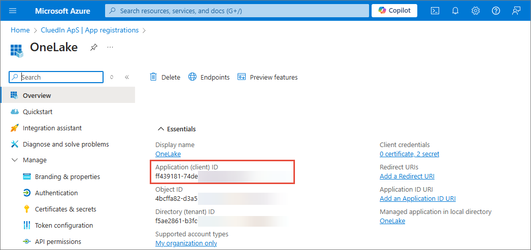 OneLake app registration Overview page in the Azure portal with the Application (client) ID highlighted