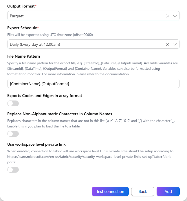 Lower part of the Configure tab with Output Format Parquet, a daily Export Schedule, a File Name Pattern, and the Test connection and Add buttons