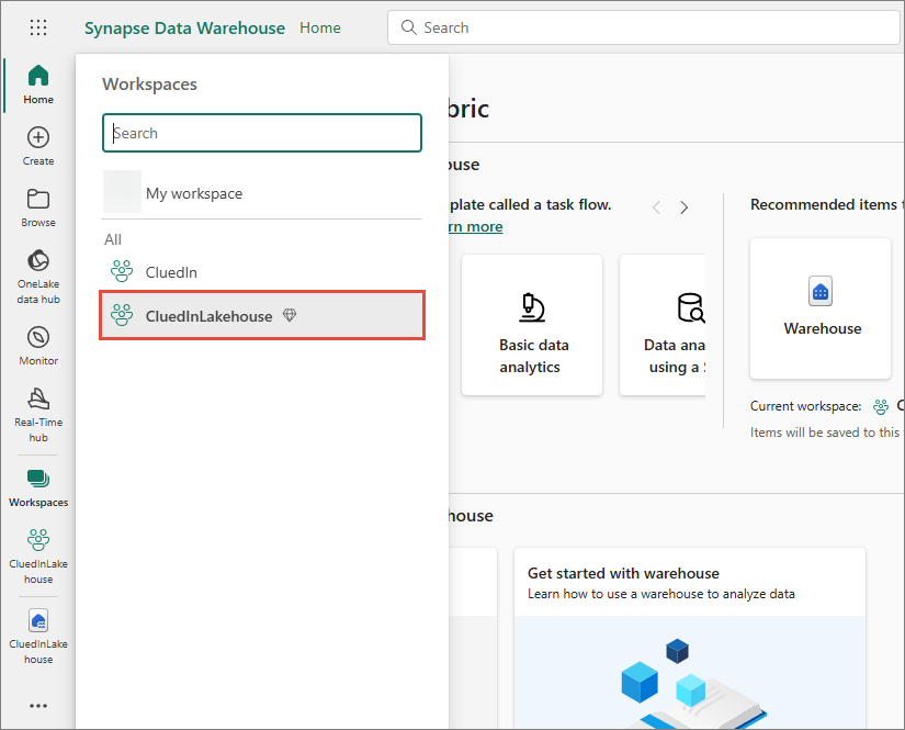 Microsoft Fabric Workspaces menu with the CluedInLakehouse workspace highlighted