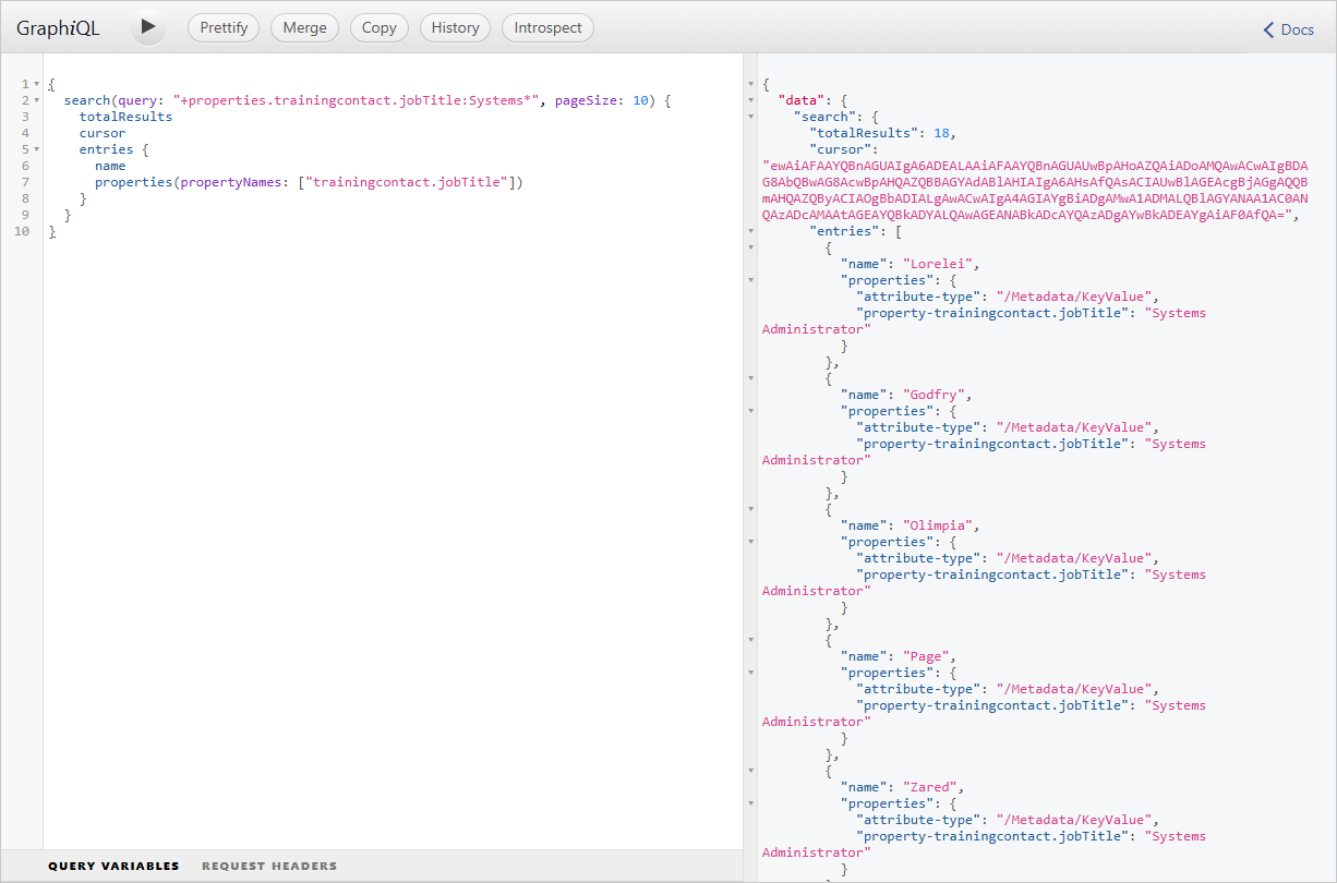 GraphiQL with a search query on trainingcontact.jobTitle returning totalResults 18, a cursor, and entries whose job title is Systems Administrator