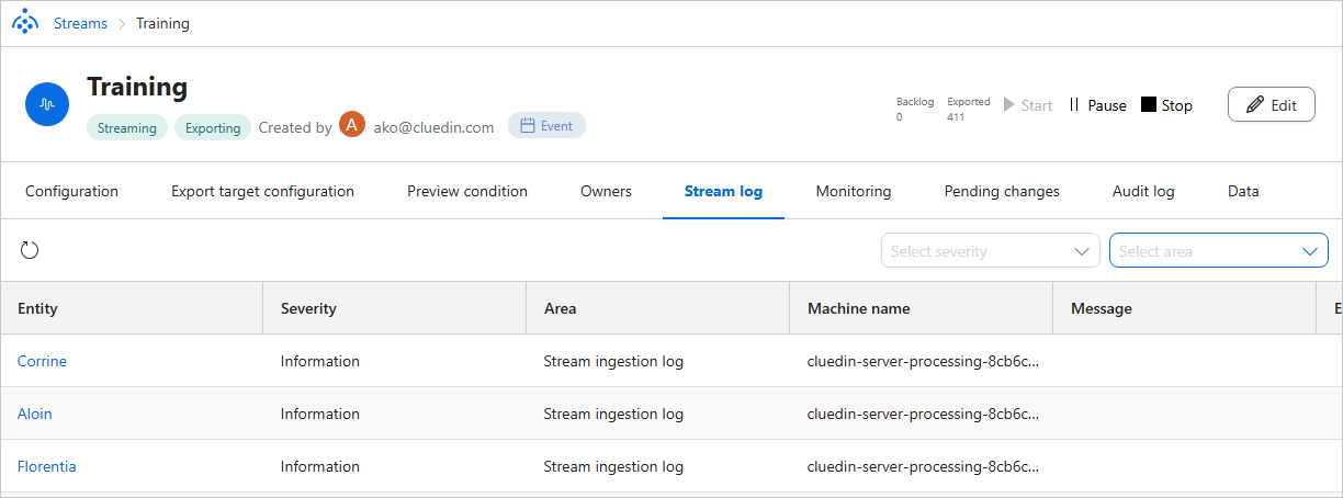 The Stream log tab of the Training stream, listing exported records with severity, area Stream ingestion log, and machine name, plus severity and area filters
