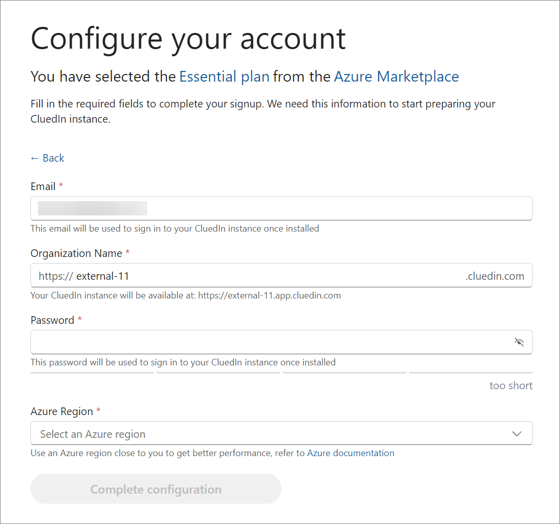 Configure your account form with Email, Organization Name, Password, and Azure Region fields and the Complete configuration button
