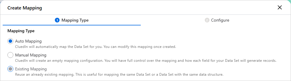 The Create Mapping dialog on the Mapping Type step with Auto Mapping selected