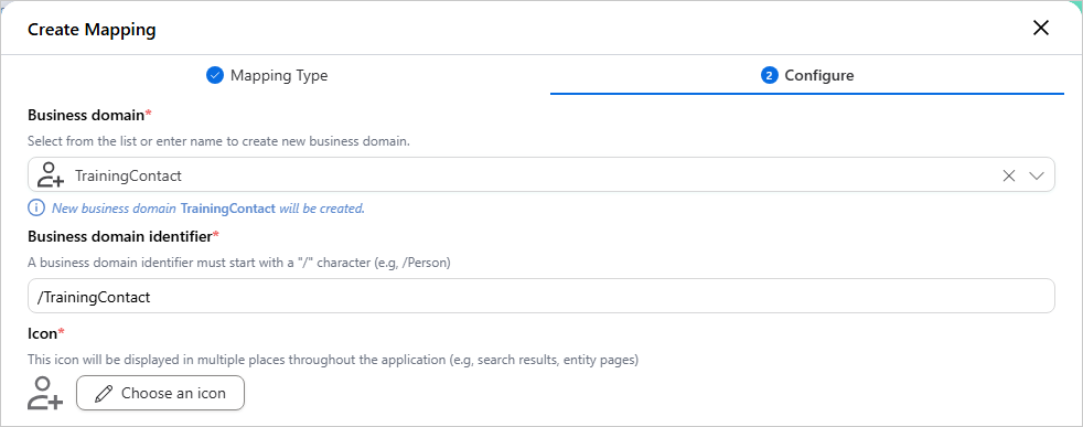 The Configure step with the new business domain TrainingContact, the identifier /TrainingContact and a Choose an icon button
