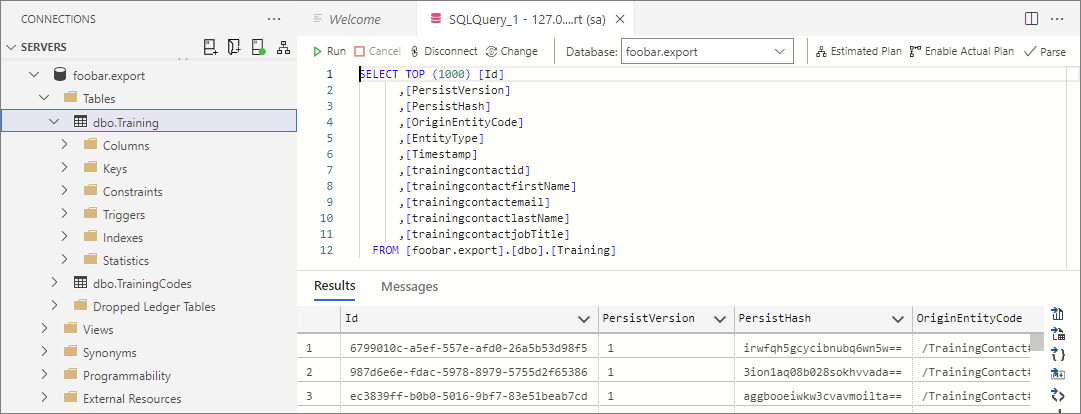 A SQL query on the dbo.Training table in the export database, with results showing streamed records and trainingcontact columns