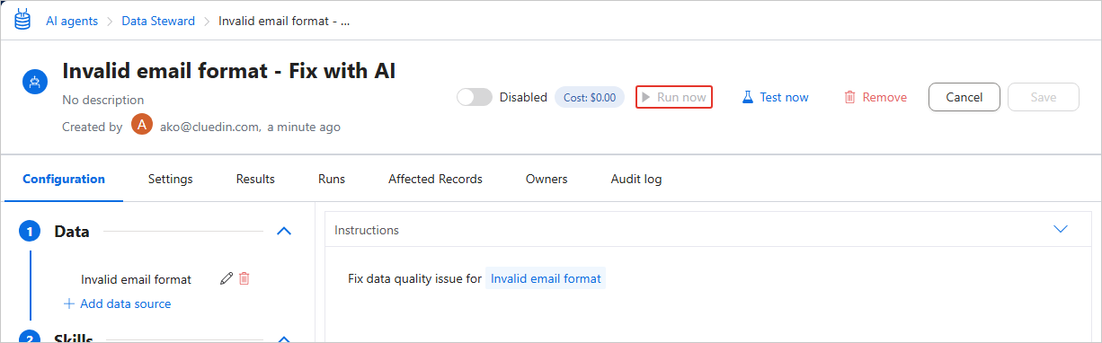 The AI agent job page with the Run now button highlighted near the upper-right corner