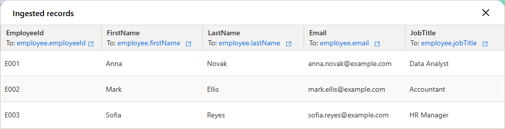 Ingested records pane listing the records sent in one request, with each column showing the vocabulary key it maps to