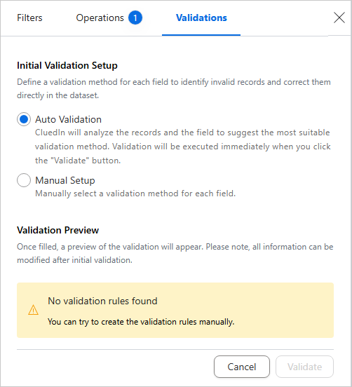 The Validations pane with Auto Validation selected under Initial Validation Setup, and the Validate button