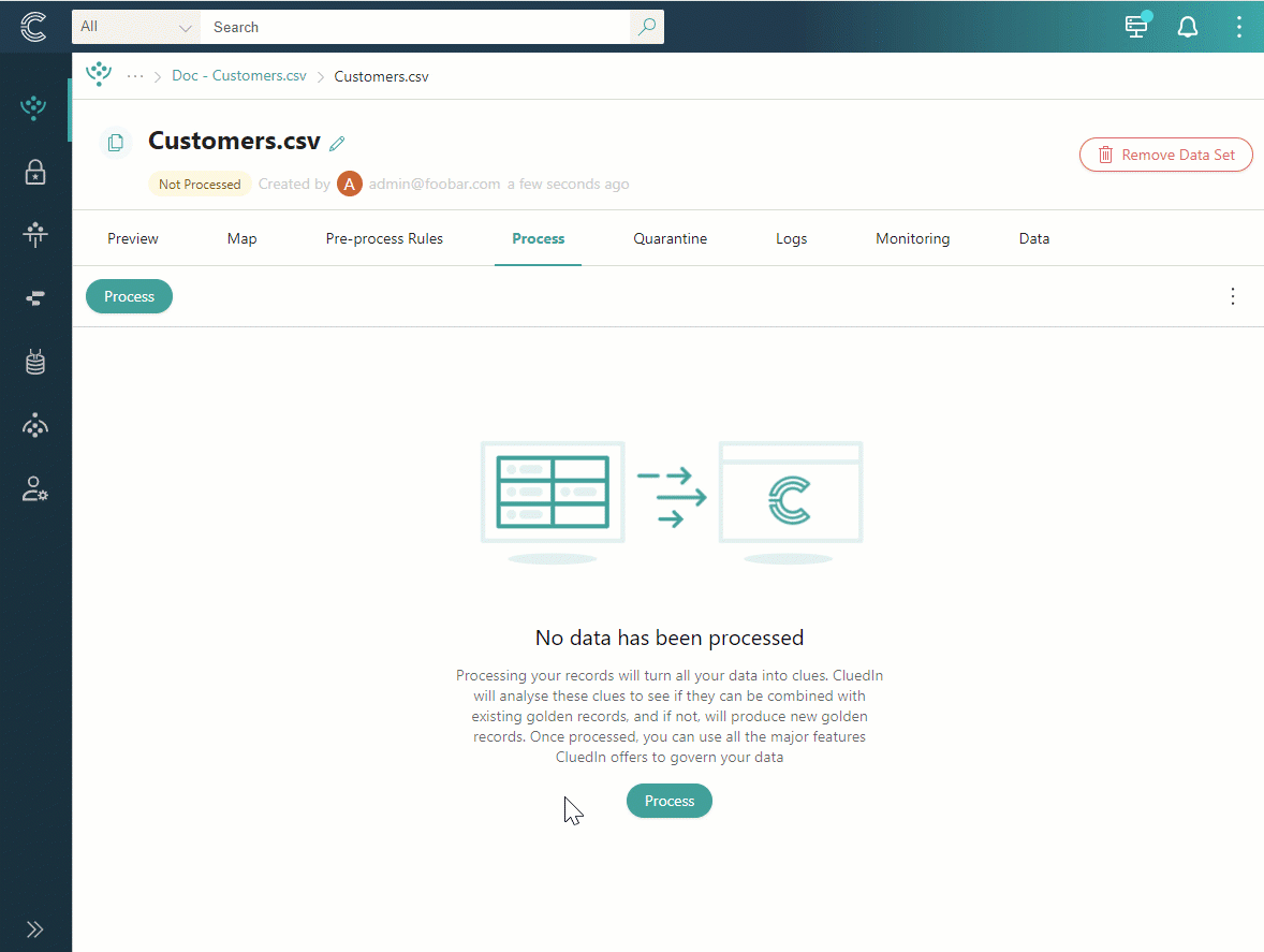 Animation: on the Process tab, selecting Process opens the confirmation pane; after Confirm, a processing log shows Success 20