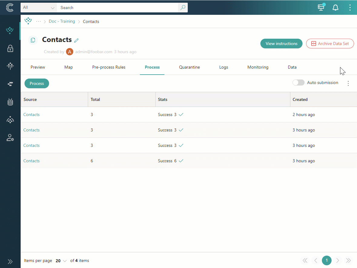 Animation: choosing Purge processing logs, keeping the Finished, Aborted and Cancelled statuses selected, typing DELETE, and selecting Purge