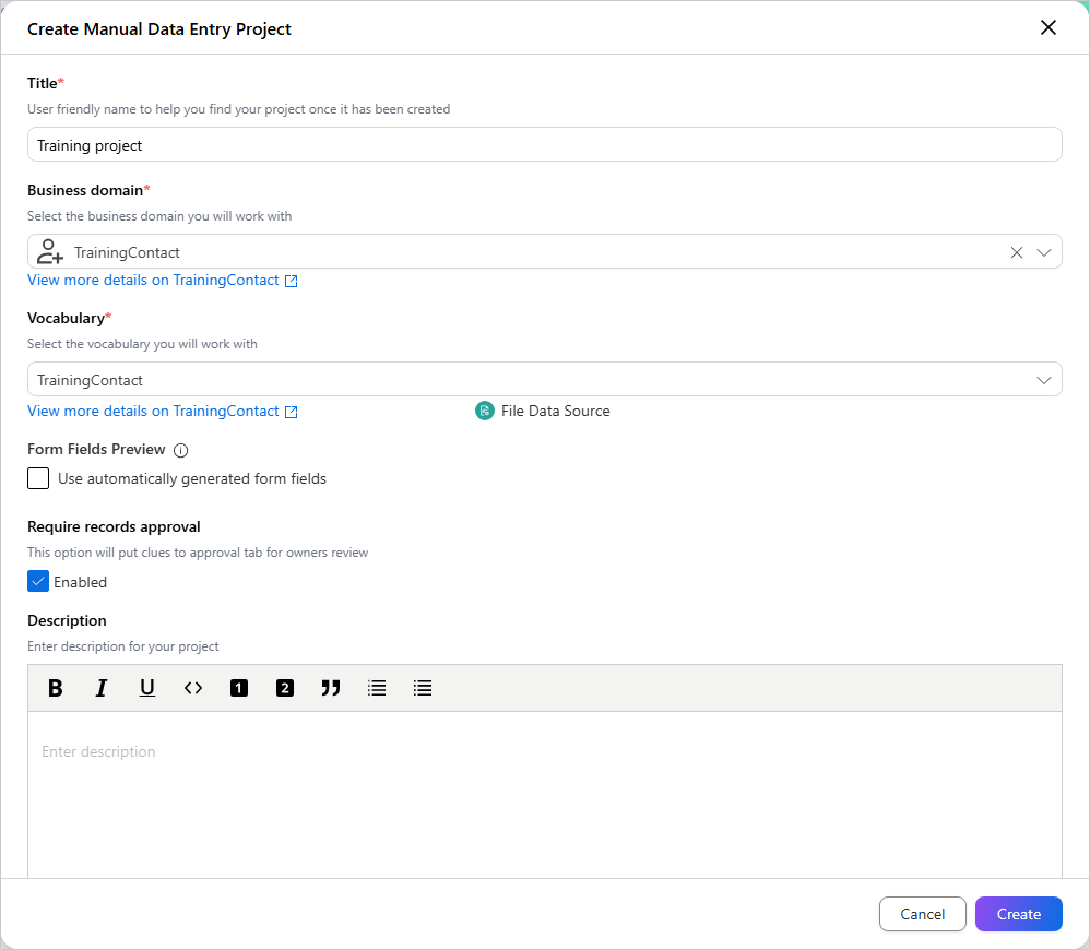 The Create Manual Data Entry Project dialog with title, business domain and vocabulary filled in and Require records approval enabled