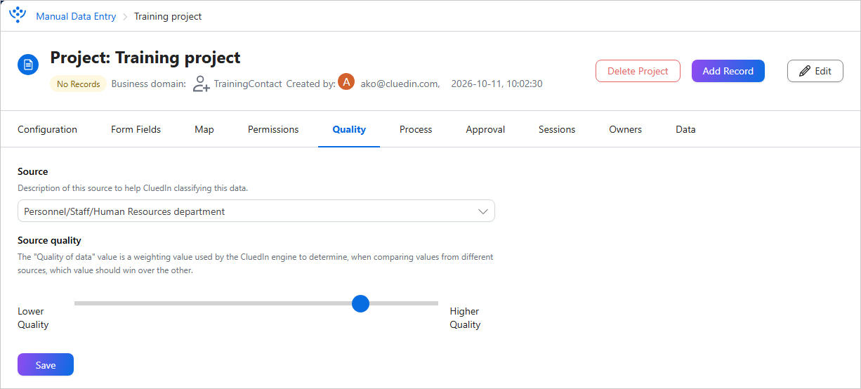 The Quality tab of a manual data entry project with a Source category selected and the Source quality slider between Lower and Higher Quality