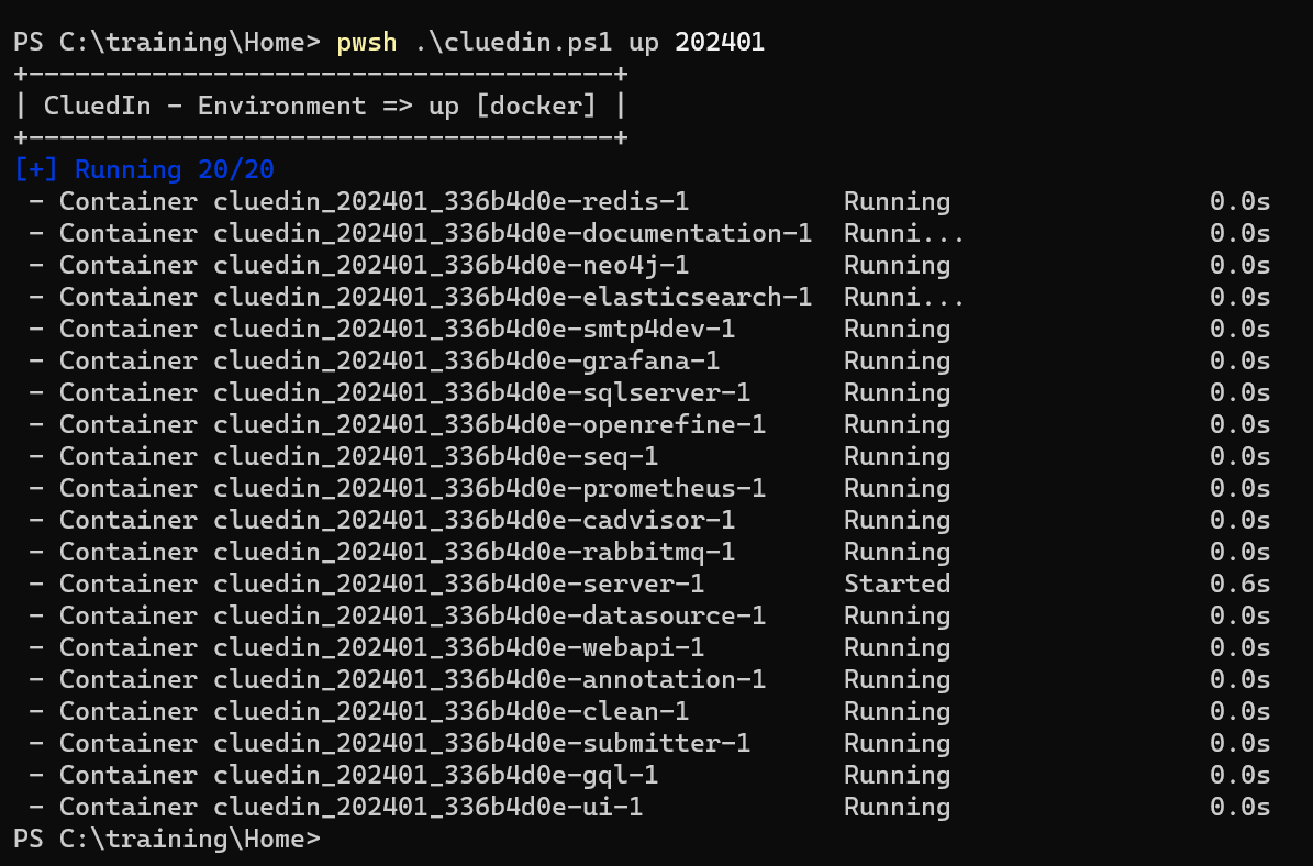 Terminal output of pwsh .\cluedin.ps1 up 202401, showing 20 of 20 CluedIn containers running or started