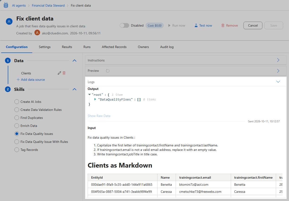 The Logs section of the job Configuration tab, showing the output returned by the LLM and the input prompt and data sent
