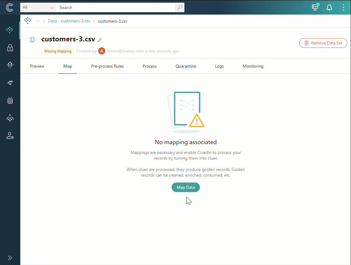 Animation: creating a mapping for a data set with the option to generate a new vocabulary, so CluedIn creates vocabulary keys automatically from the columns