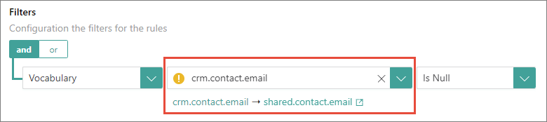Rule filter using the mapped key crm.contact.email, with a warning icon and a prompt showing that it maps to shared.contact.email