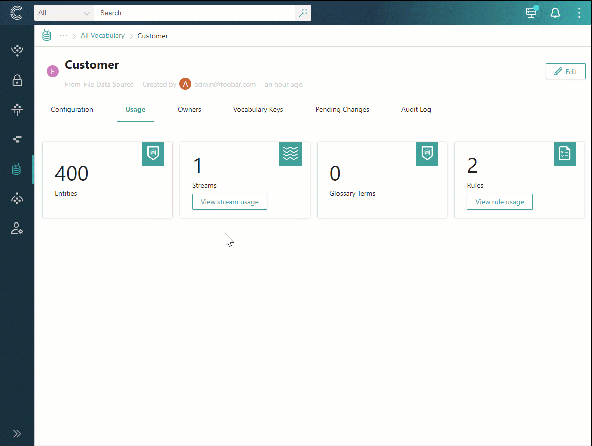 Animation: the Usage tab of the Customer vocabulary showing counts of entities, streams, glossary terms, and rules, then selecting View stream usage and View rule usage
