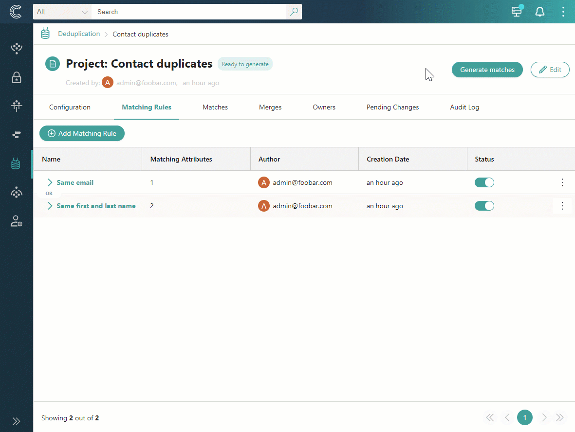 Animation: selecting Generate matches in a deduplication project, confirming, and watching the groups of duplicates appear