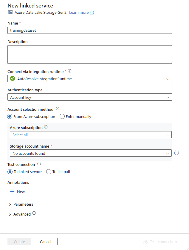 The New linked service form for Azure Data Lake Storage Gen2 with name, integration runtime, account key authentication and storage account fields