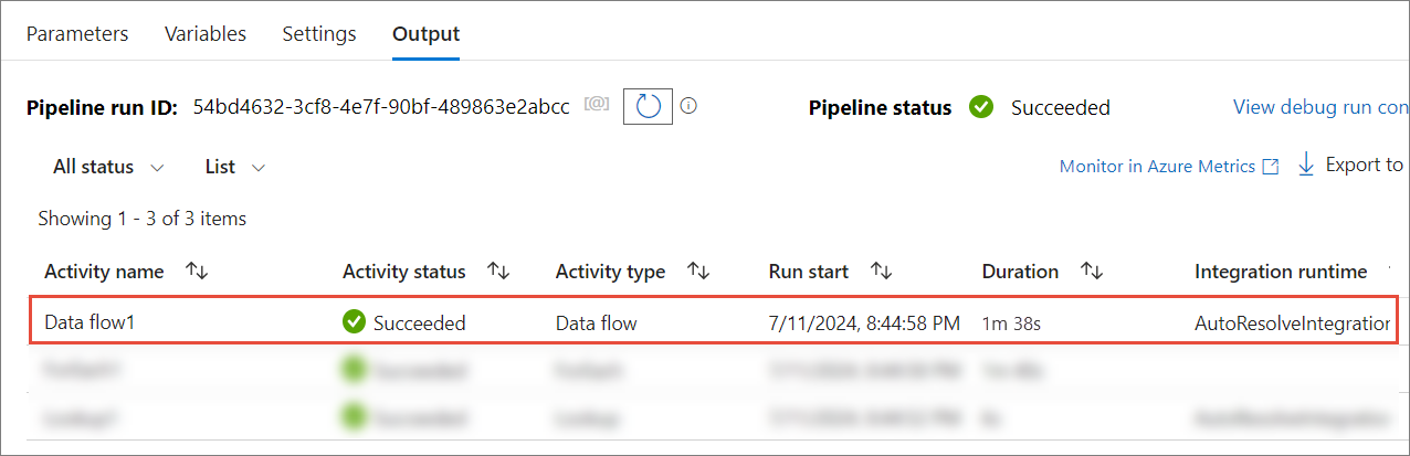 The Output tab with pipeline status Succeeded and the Data flow1 activity row showing Succeeded highlighted