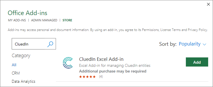 The Office Add-ins store searched for CluedIn, showing the CluedIn Excel Add-in with an Add button