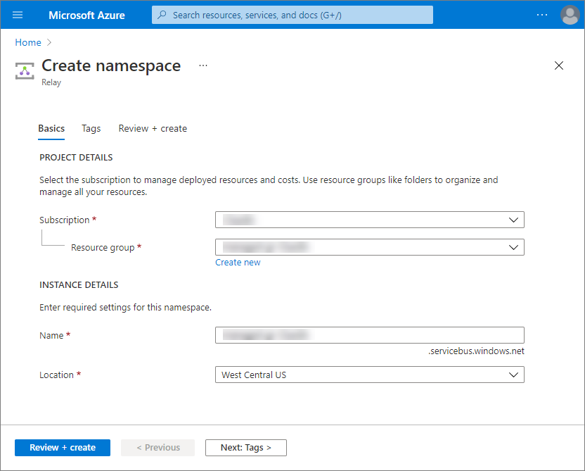 The Create namespace form on the Basics tab, with Subscription, Resource group, Name and Location fields