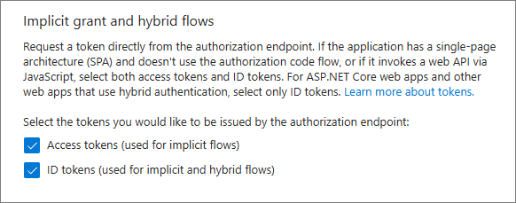 Implicit grant and hybrid flows section with both Access tokens and ID tokens selected
