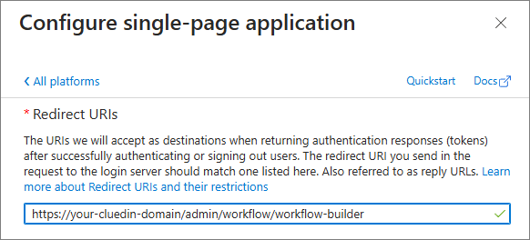 The Configure single-page application pane in Azure, with the Redirect URI set to https://your-cluedin-domain/admin/workflow/workflow-builder