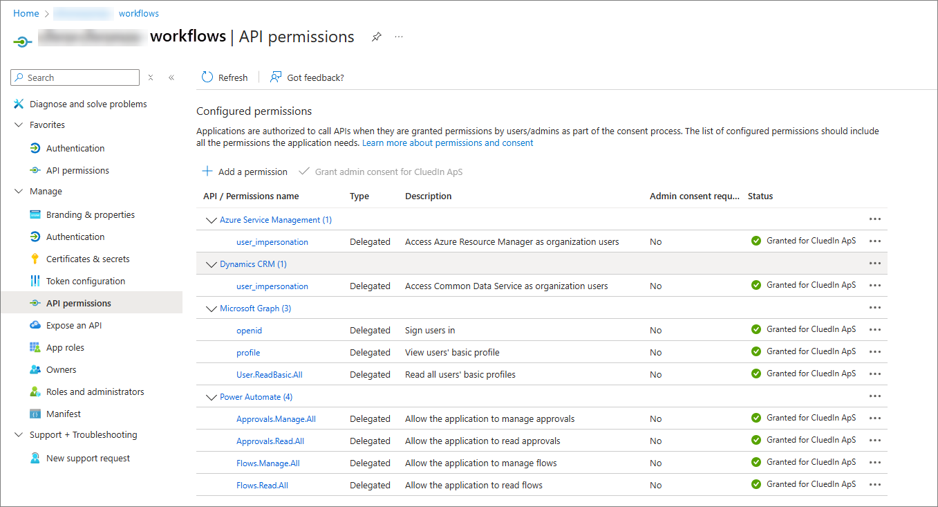 API permissions page of the app registration listing granted delegated permissions for Azure Service Management, Dynamics CRM, Microsoft Graph and Power Automate