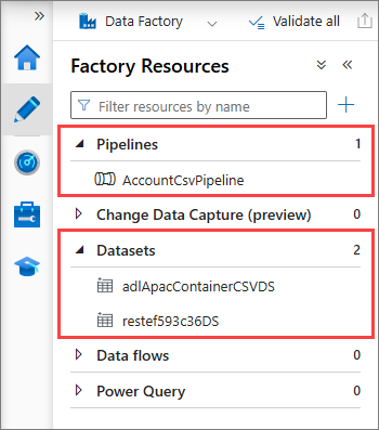 ADF Studio Factory Resources pane showing the AccountCsvPipeline pipeline and two datasets created by CluedIn, highlighted