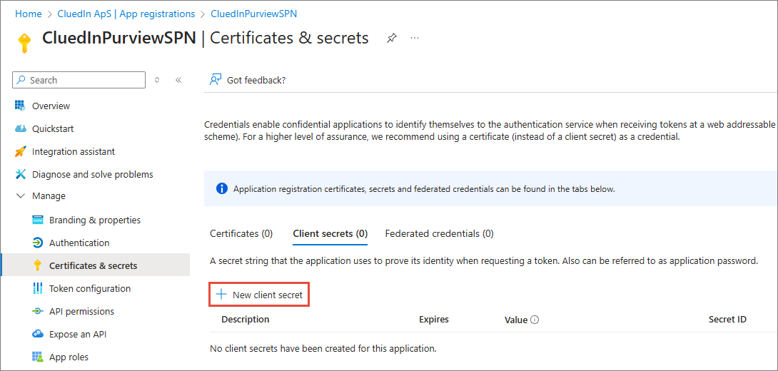 Certificates and secrets page of the CluedInPurviewSPN app registration with the New client secret button highlighted