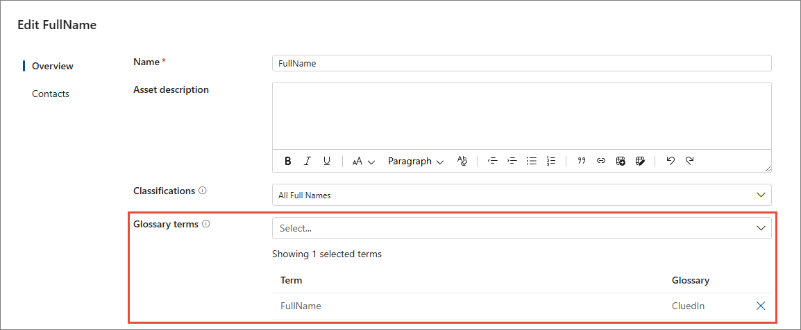 Edit FullName pane in Purview with the FullName term from the CluedIn glossary selected under Glossary terms