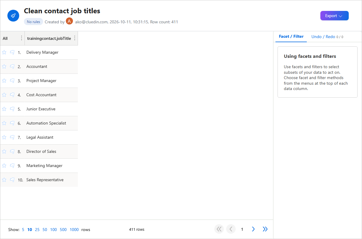 The clean application for the Clean contact job titles project, showing the trainingcontact.jobTitle column and the Facet / Filter pane