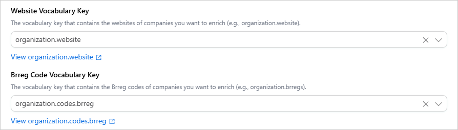 Brreg Configure tab with Website Vocabulary Key organization.website and Brreg Code Vocabulary Key organization.codes.brreg