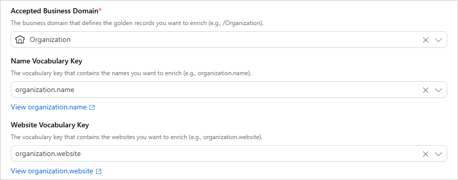 DuckDuckGo enricher settings: Accepted Business Domain Organization, Name Vocabulary Key organization.name, Website Vocabulary Key organization.website