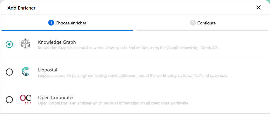Choose enricher tab of the Add Enricher pane with Knowledge Graph selected