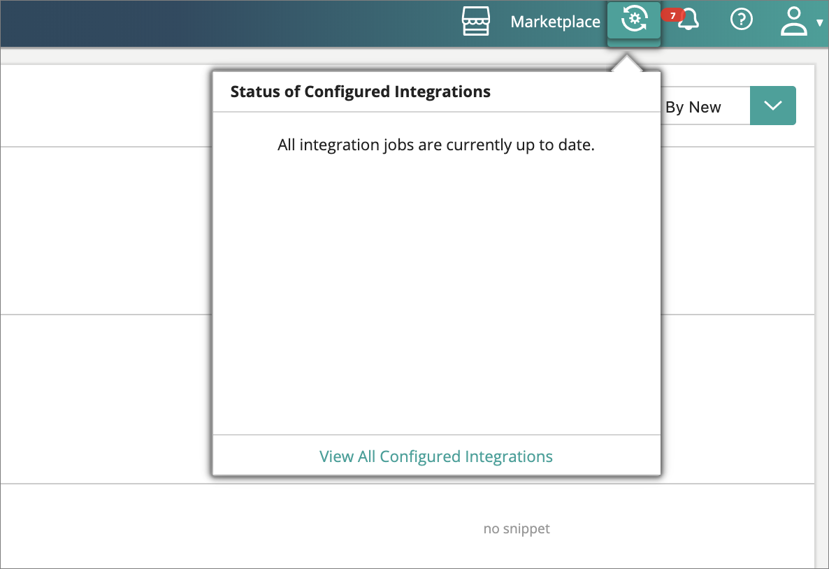 The Status of Configured Integrations panel opened from the header, stating that all integration jobs are up to date, with a View All Configured Integrations link