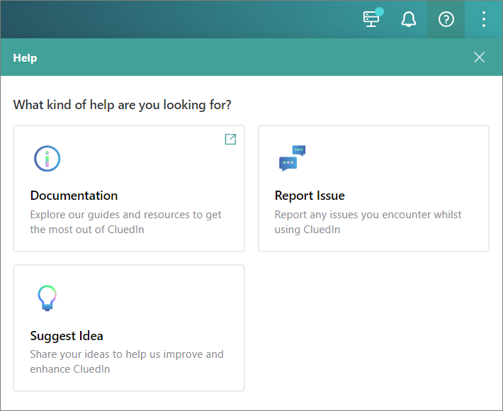 The Help panel with three options: Documentation, Report Issue and Suggest Idea