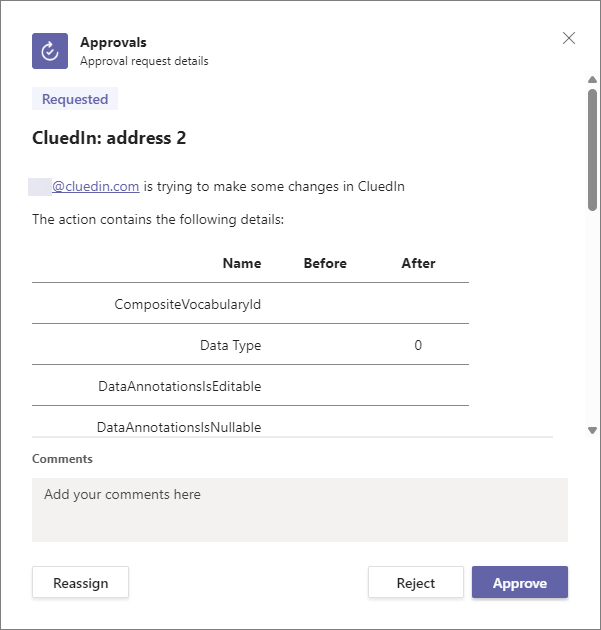 Approval request details in the Teams Approvals app for CluedIn: address 2, with a Comments box and Reassign, Reject, and Approve buttons